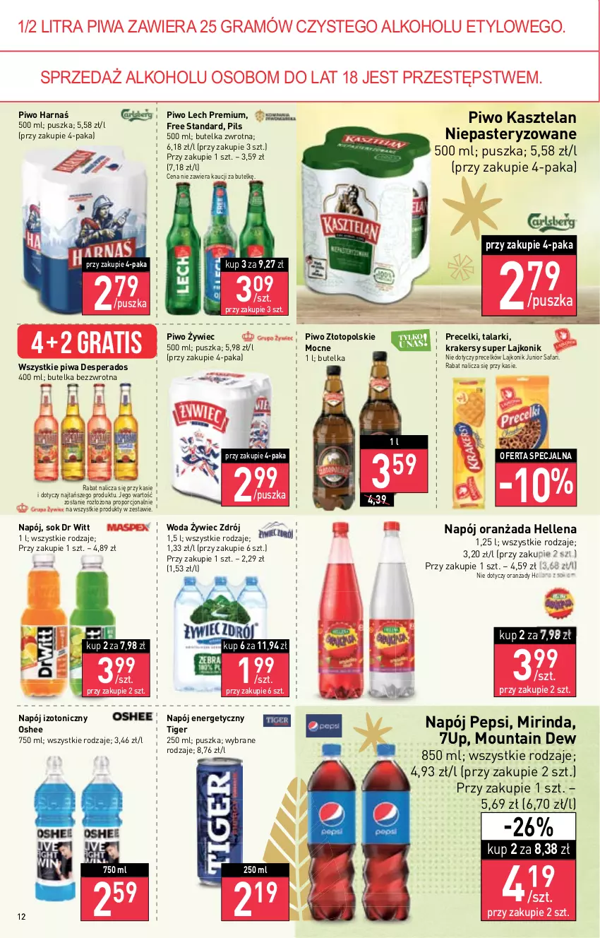 Gazetka promocyjna Stokrotka - Market - ważna 22.12 do 28.12.2022 - strona 12 - produkty: 7up, Desperados, Fa, Gra, Harnaś, Hellena, Kasztelan, Krakersy, Lajkonik, Lech Premium, Mirinda, Napój, Napój energetyczny, Napój izotoniczny, Oranżada, Oshee, Pepsi, Piwa, Piwo, Por, Precelki, Sok, Tiger, Top, Woda