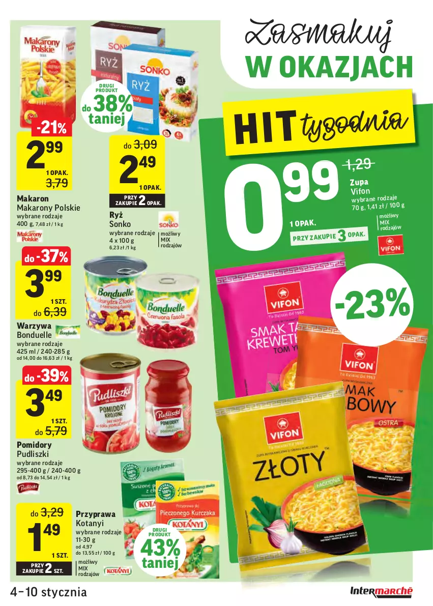 Gazetka promocyjna Intermarche - Gazetka promocyjna - ważna 04.01 do 10.01.2022 - strona 21 - produkty: Bonduelle, Makaron, Pomidory, Pudliszki, Ryż, Sonko, Warzywa, Zupa