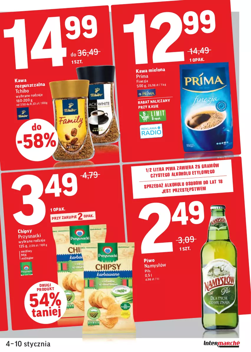 Gazetka promocyjna Intermarche - Gazetka promocyjna - ważna 04.01 do 10.01.2022 - strona 3 - produkty: Chipsy, Kawa, Kawa mielona, Kawa rozpuszczalna, Namysłów, Piwo, Prima, Przysnacki, Tchibo