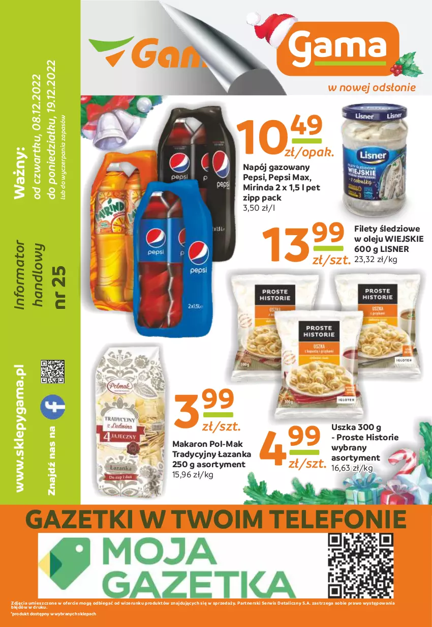 Gazetka promocyjna Gama - Gazetka Gama - ważna 19.12.2022 do 08.12.2023 - strona 12 - produkty: Lisner, Makaron, Mirinda, Napój, Napój gazowany, Olej, Pepsi, Pepsi max, Ser, Telefon