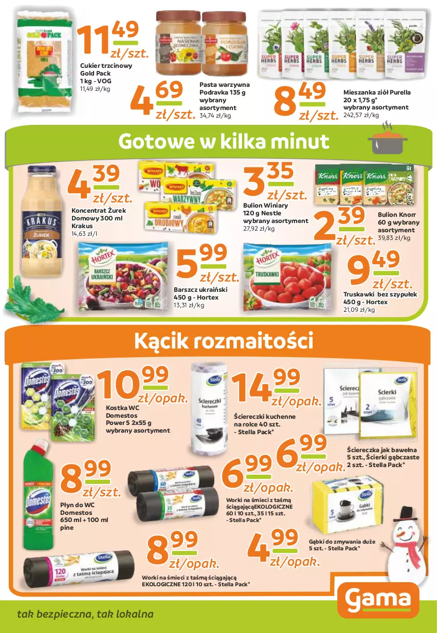 Gazetka promocyjna Gama - Gazetka Gama - ważna 19.12.2022 do 08.12.2023 - strona 9 - produkty: Bulion, Cukier, Cukier trzcinowy, Domestos, Hortex, Knorr, Krakus, Lion, Pasta warzywna, Piec, Płyn do wc, Podravka, Pur, Truskawki, Wełna, Winiary, Worki na śmiec, Worki na śmieci