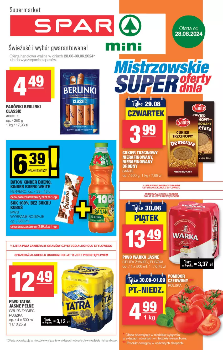 Gazetka promocyjna Spar - Spar-Mini - ważna 25.08 do 04.09.2024 - strona 1 - produkty: Berlinki, Cukier, Cukier trzcinowy, Parówki, Piwo, Tatra