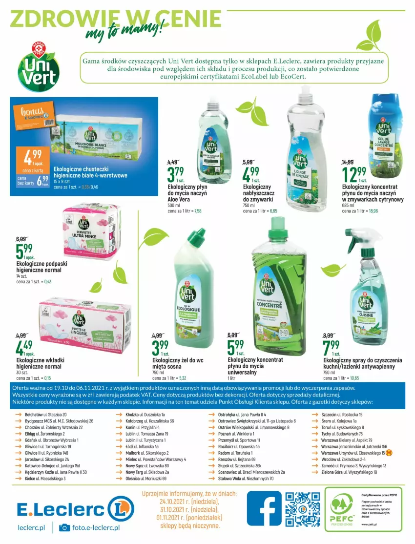 Gazetka promocyjna E Leclerc - ważna 19.10 do 06.11.2021 - strona 16 - produkty: Aloe vera, Do mycia naczyń, Koncentrat do mycia naczyń, Kosz, Mięta, Olej, Papier, Podpaski, Por, Sos, Sport, Spray do czyszczenia, Stock, Szal, Top, Warka, Wkładki, Zmywarka, Zmywarki