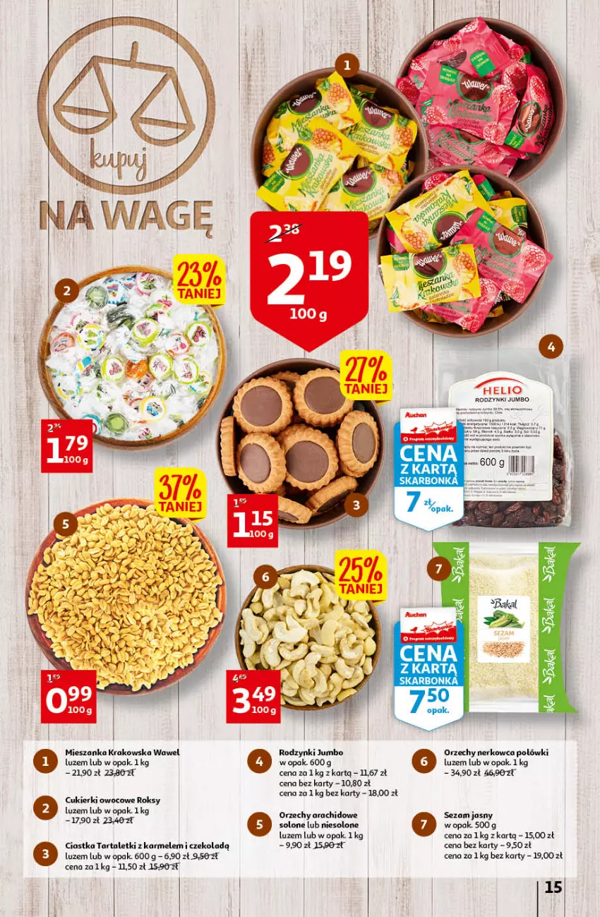 Gazetka promocyjna Auchan - przeNISKIE CENY Prze SŁONECZNE oferty Hipermarkety - ważna 30.06 do 06.07.2022 - strona 15 - produkty: Ciastka, Cukier, Cukierki, Helio, Rodzynki, Sezam, Tarta, Wawel