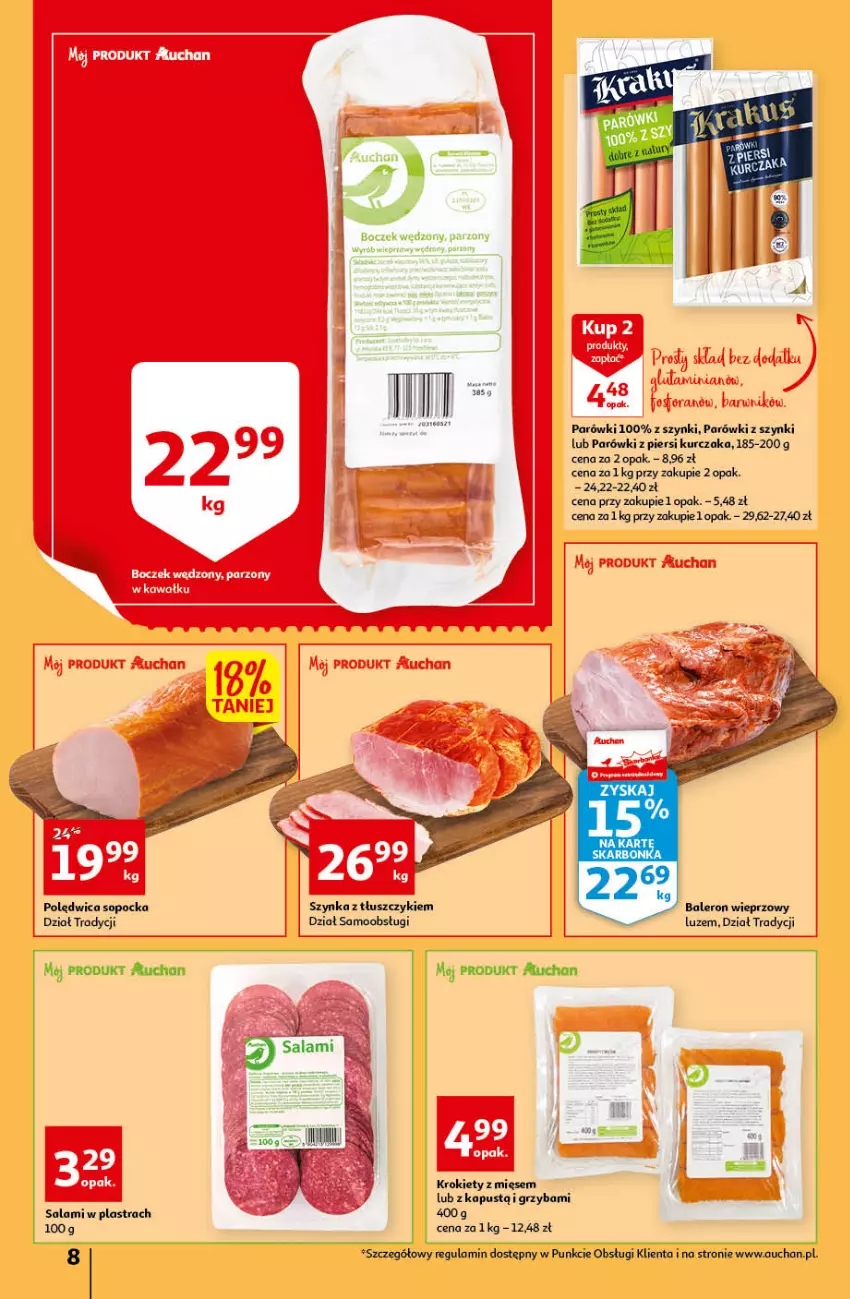 Gazetka promocyjna Auchan - przeNISKIE CENY Prze SŁONECZNE oferty Hipermarkety - ważna 30.06 do 06.07.2022 - strona 8 - produkty: Boczek, Kapustą, Krokiety, Kurczak, Parówki, Parówki z piersi kurczaka, Parówki z szynki, Polędwica, Salami, Szynka