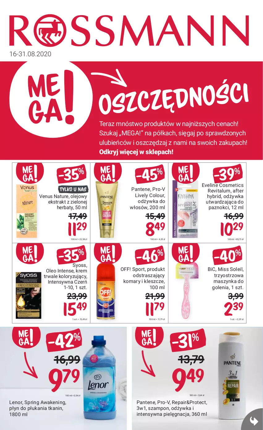 Gazetka promocyjna Rossmann - 16 sierpnia - ważna 16.08 do 31.08.2021 - strona 1 - produkty: BIC, Eveline, Lenor, Maszynka, Maszynka do golenia, Odżywka, Olej, Oleo, Pantene, Płyn do płukania, Półka, Por, Sport, Syoss, Szampon, Szynka, Tera, Venus