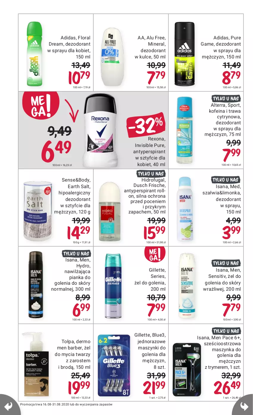 Gazetka promocyjna Rossmann - 16 sierpnia - ważna 16.08 do 31.08.2021 - strona 10 - produkty: Adidas, Alterra, Antyperspirant, Body, Dezodorant, Flora, Gillette, Isana, Limonka, Maszynka, Maszynka do golenia, Pianka do golenia, Por, Pur, Rexona, Ser, Sport, Szynka, Tołpa