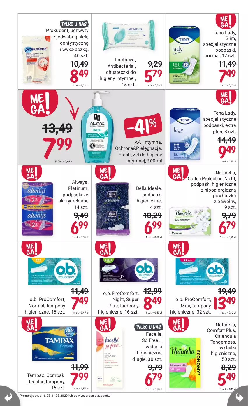 Gazetka promocyjna Rossmann - 16 sierpnia - ważna 16.08 do 31.08.2021 - strona 12 - produkty: Always, Bell, Bella, Chusteczki, Chusteczki do higieny, Fa, Facelle, Lactacyd, Naturell, Naturella, O.B., Pax, Podpaski, Podpaski ze skrzydełkami, Prokudent, Tampax, Tampony, Uchwyty, Wkładki