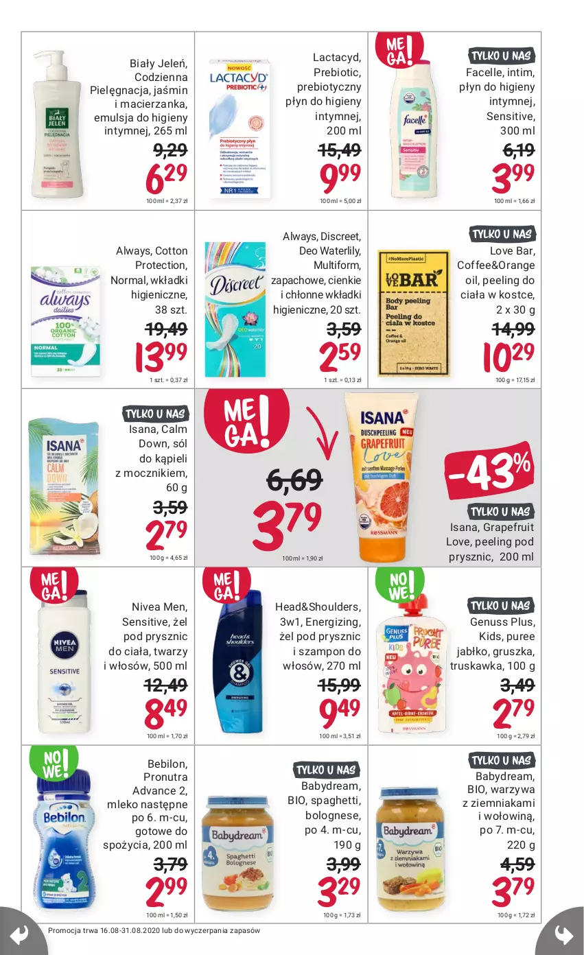 Gazetka promocyjna Rossmann - 16 sierpnia - ważna 16.08 do 31.08.2021 - strona 13 - produkty: Always, Babydream, Biały Jeleń, Discreet, Emulsja, Fa, Facelle, Genuss Plus, Gra, Isana, Lactacyd, Mleko, Nivea, Nivea Men, O nas, Peeling, Płyn do higieny intymnej, Pur, Sól, Sól do kąpieli, Spaghetti, Szampon, Warzywa, Wkładki