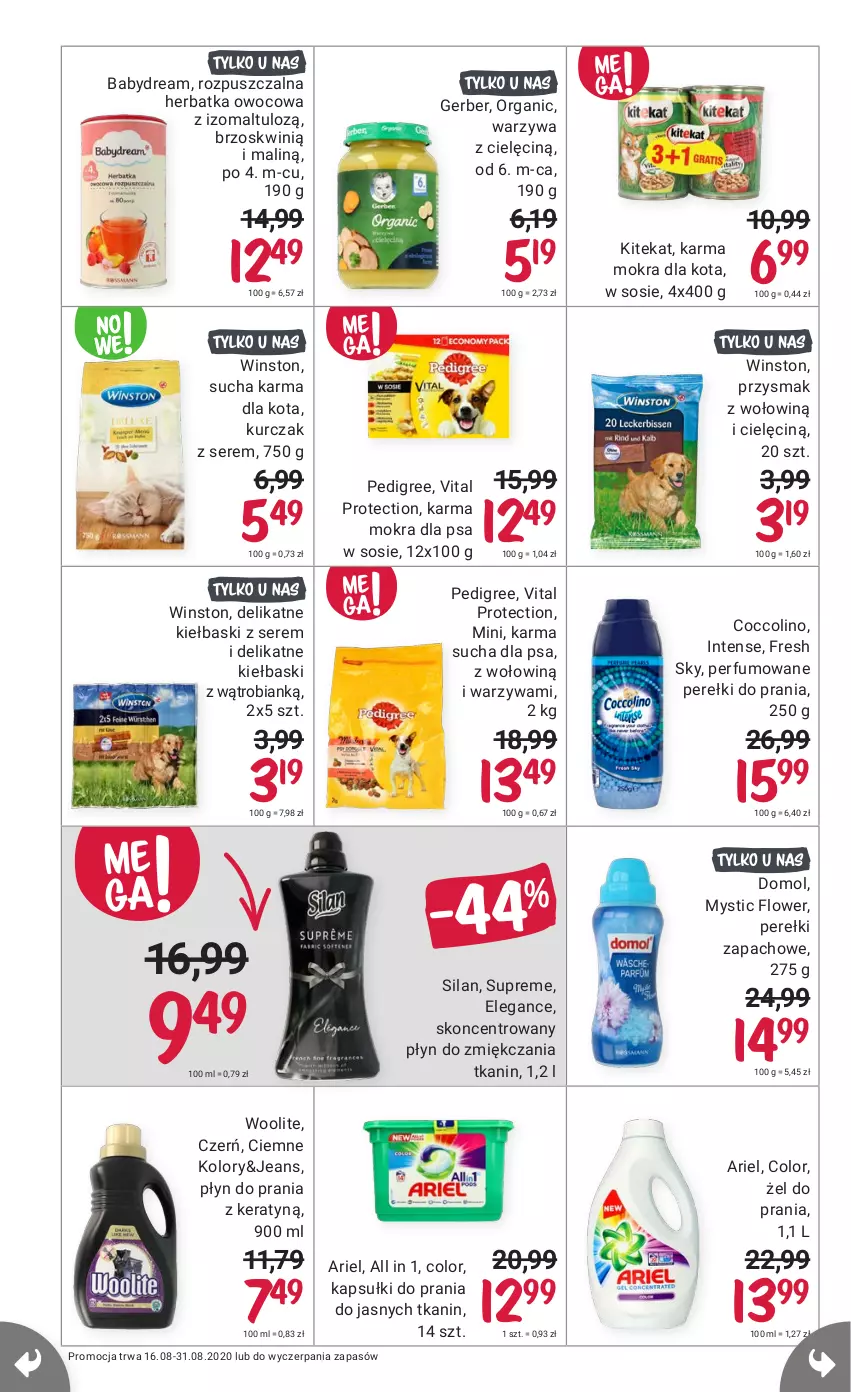 Gazetka promocyjna Rossmann - 16 sierpnia - ważna 16.08 do 31.08.2021 - strona 14 - produkty: Ariel, Babydream, Coccolino, Domol, Gerber, Kapsułki do prania, KiteKat, Kurczak, Pedigree, Perełki zapachowe, Perfum, Płyn do prania, Ser, Silan, Sos, Sucha karma, Warzywa, Winston, Woolite