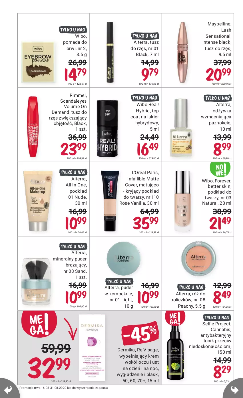 Gazetka promocyjna Rossmann - 16 sierpnia - ważna 16.08 do 31.08.2021 - strona 18 - produkty: Alterra, Bell, Dermika, Fa, L’Oréal, Lack, Lakier, Lakier hybrydowy, Maybelline, Odżywka, Podkład, Podkład do twarzy, Pomada, Pomada do brwi, Puder, Róż do policzków, Sati, Tonik, Top, Tusz, Wibo