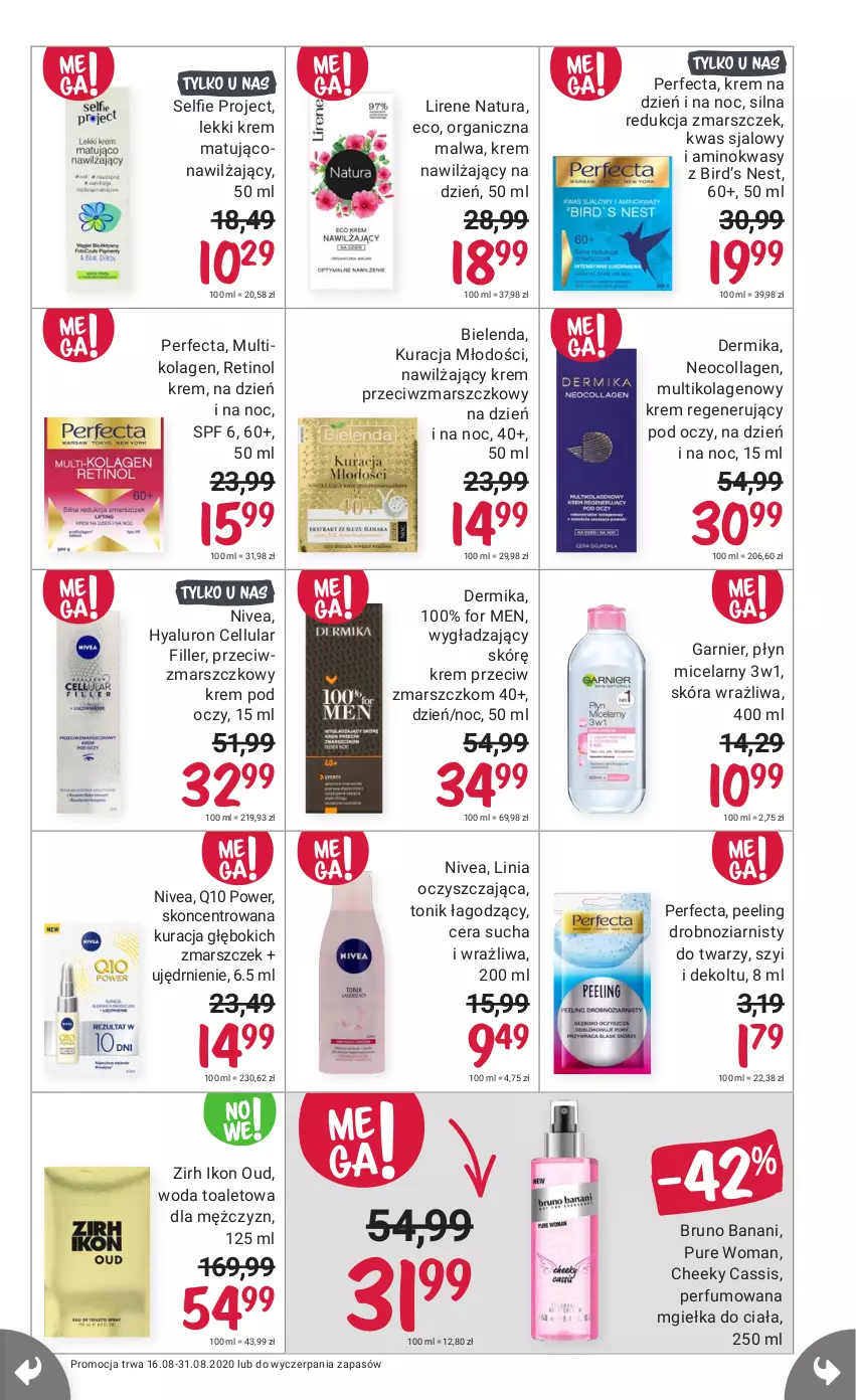 Gazetka promocyjna Rossmann - 16 sierpnia - ważna 16.08 do 31.08.2021 - strona 19 - produkty: Bielenda, Bruno Banani, Dermika, Garnier, Kolagen, Krem na dzień, Krem na dzień i na noc, Krem nawilżający, Krem pod oczy, Krem przeciwzmarszczkowy, Krem regenerujący, Lirene, Mars, Nivea, Peeling, Perfecta, Perfum, Płyn micelarny, Pur, Tonik, Woda, Woda toaletowa