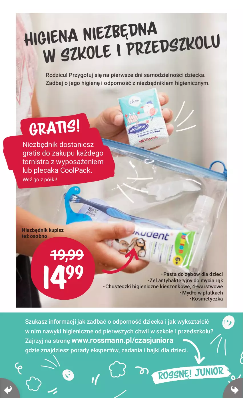 Gazetka promocyjna Rossmann - 16 sierpnia - ważna 16.08 do 31.08.2021 - strona 23 - produkty: Chusteczki, Dzieci, Gra, Kosmetyczka, Mydło, Pasta do zębów, Plecak, Por