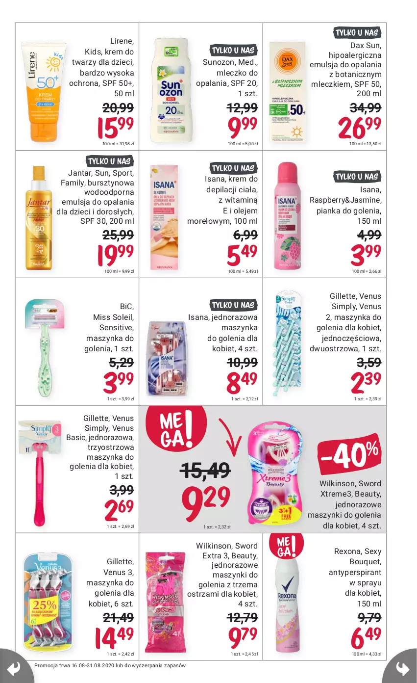 Gazetka promocyjna Rossmann - 16 sierpnia - ważna 16.08 do 31.08.2021 - strona 9 - produkty: Antyperspirant, BIC, Bursztyn, DAX, Dzieci, Emulsja, Fa, Gillette, Isana, Krem do depilacji, Krem do twarzy, Lirene, Maszynka, Maszynka do golenia, Mleczko, Olej, Pianka do golenia, Por, Rexona, Sok, Sport, Szynka, Venus