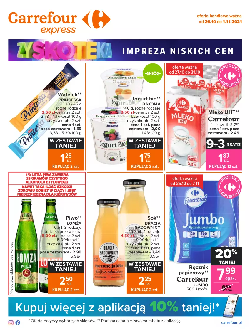 Gazetka promocyjna Carrefour - Gazetka Express - ważna 26.10 do 01.11.2021 - strona 1 - produkty: Bakoma, Gra, Jogurt, Jogurt bio, Kosz, Mleko, Papier, Piec, Piwa, Piwo, Princessa, Ręcznik, Sok, Wafelek