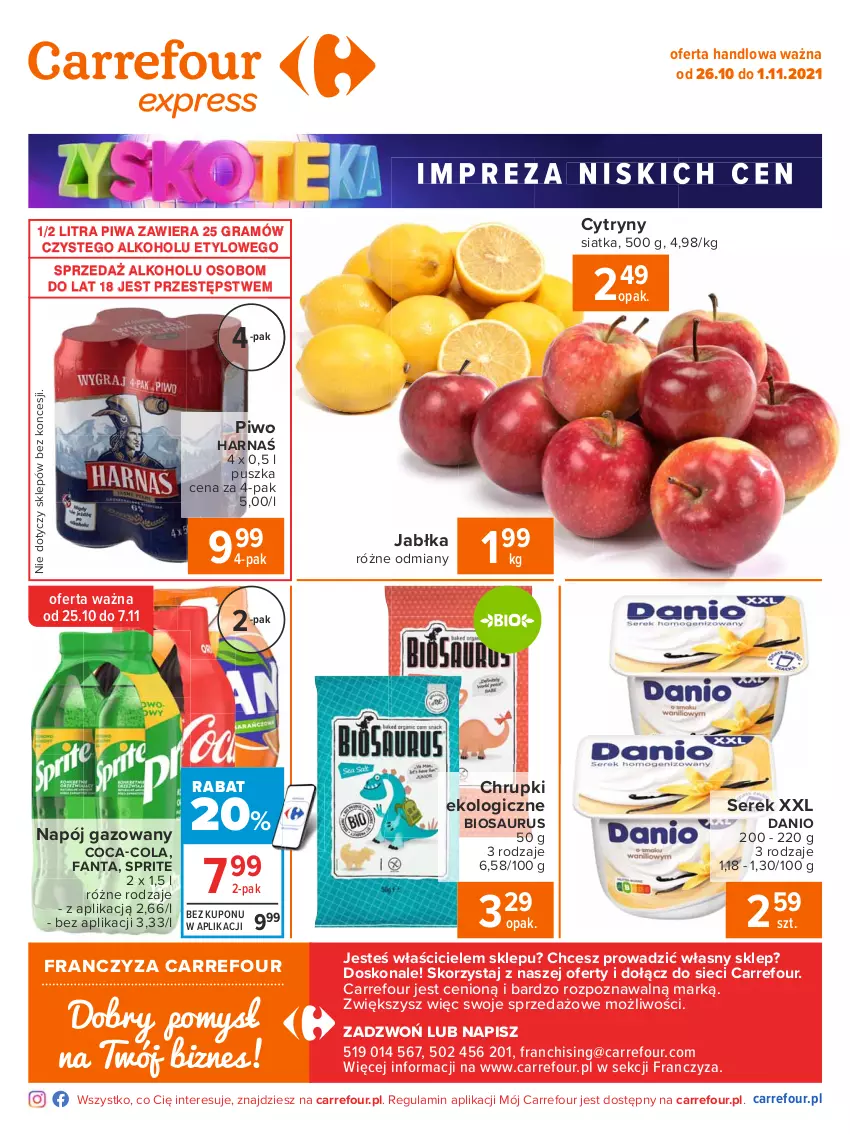 Gazetka promocyjna Carrefour - Gazetka Express - ważna 26.10 do 01.11.2021 - strona 2 - produkty: Chrupki, Coca-Cola, Cytryny, Danio, Fa, Fanta, Gra, Harnaś, Jabłka, Napój, Napój gazowany, Piwa, Piwo, Ser, Serek, Siatka, Sprite