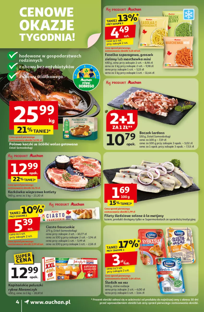 Gazetka promocyjna Auchan - Gazetka Wielkie przeboje cenowe Supermarket Auchan - ważna 16.10 do 22.10.2025 - strona 4 - produkty: Boczek, Ciasto francuskie, Fa, Groszek, Karkówka wieprzowa, Kotlet, Marchewka, Matjas, Paluszki rybne