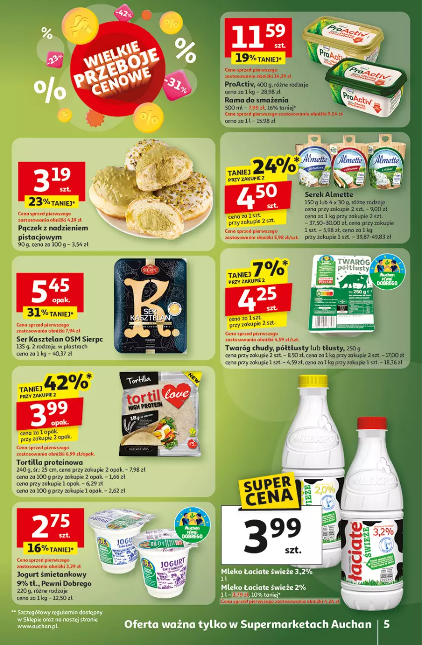 Gazetka promocyjna Auchan - Gazetka Wielkie przeboje cenowe Supermarket Auchan - ważna 16.10 do 22.10.2025 - strona 5 - produkty: Almette, Jogurt, Kasztelan, Pączek, Rama, Ser, Ser Kasztelan, Serek, Tortilla, Twaróg, Twaróg chudy