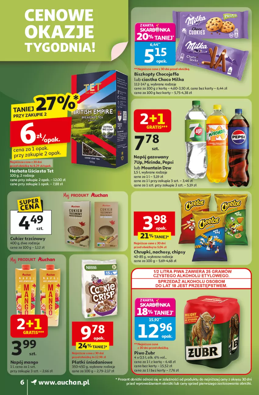 Gazetka promocyjna Auchan - Gazetka Wielkie przeboje cenowe Supermarket Auchan - ważna 16.10 do 22.10.2025 - strona 6 - produkty: Biszkopty, Chipsy, Chrupki, Ciastka, Cukier, Cukier trzcinowy, Danio, Fa, Gra, Herbata, Mango, Milka, Mirinda, Napój, Napój gazowany, Pepsi, Piwa, Piwo