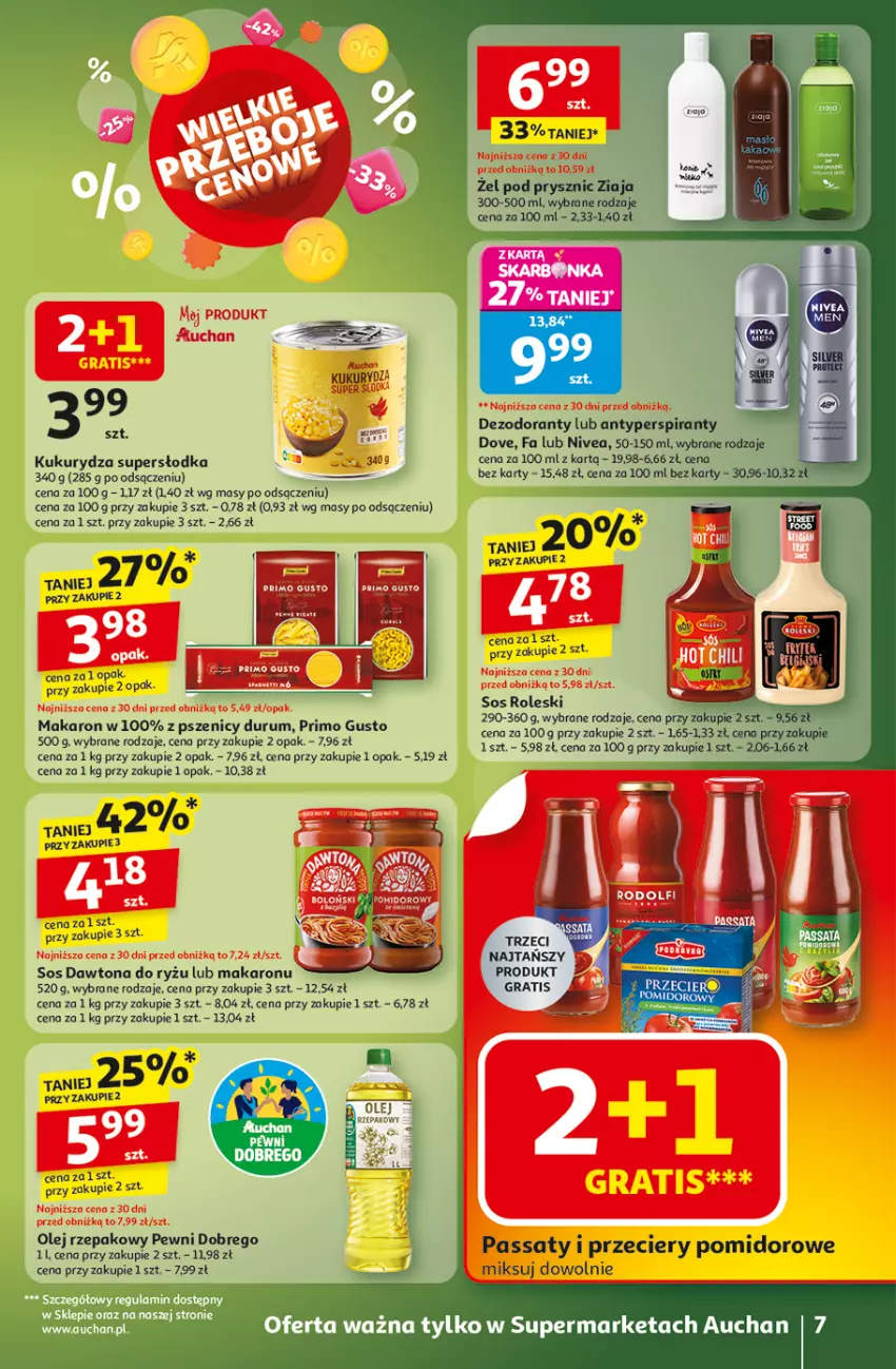 Gazetka promocyjna Auchan - Gazetka Wielkie przeboje cenowe Supermarket Auchan - ważna 16.10 do 22.10.2025 - strona 7 - produkty: Antyperspirant, Dawtona, Dezodorant, Dove, Fa, Gra, Kukurydza, Makaron, Mus, Nivea, Odol, Olej, Olej rzepakowy, Rum, Ryż, Sos, Ziaja