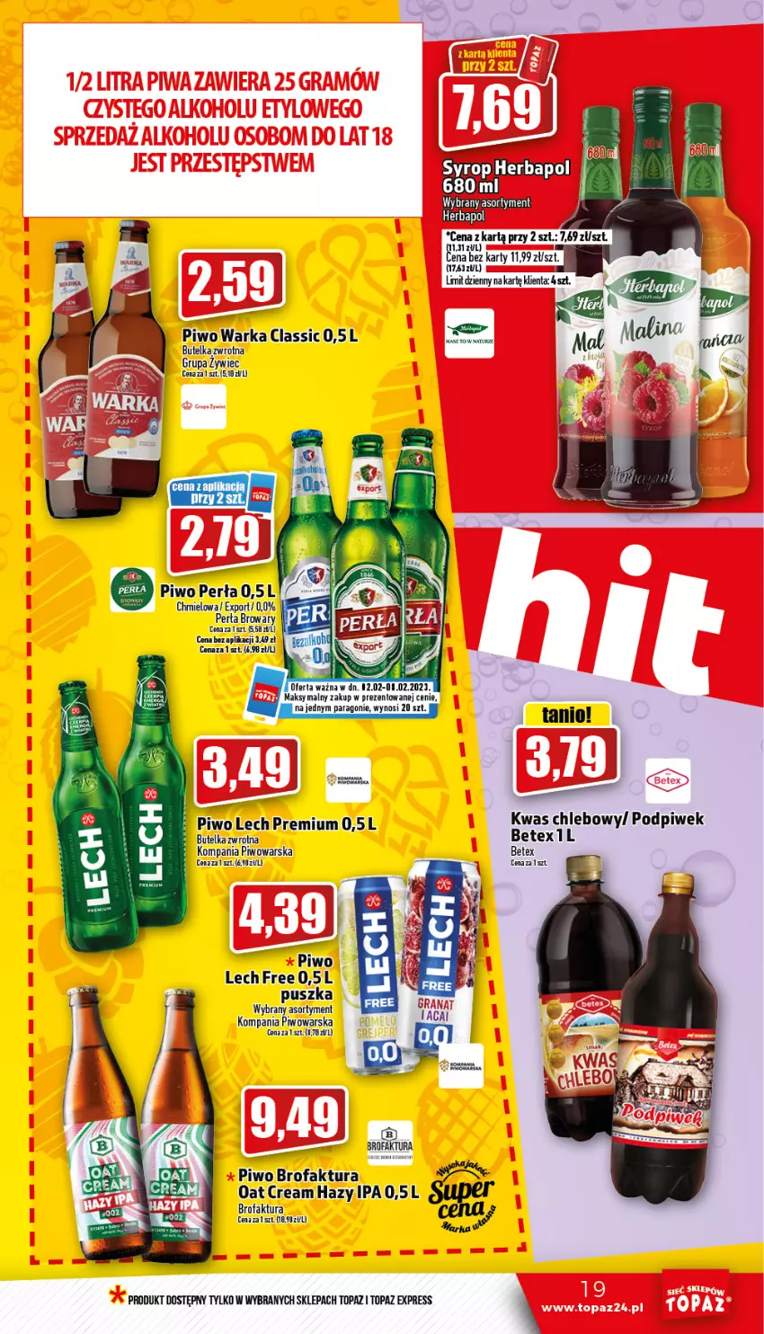 Gazetka promocyjna Topaz - Gazetka - ważna 02.02 do 08.02.2023 - strona 19 - produkty: Chleb, Fa, Gra, Herbapol, Lech Premium, Perła, Piwo, Por, Syrop, Top, Warka