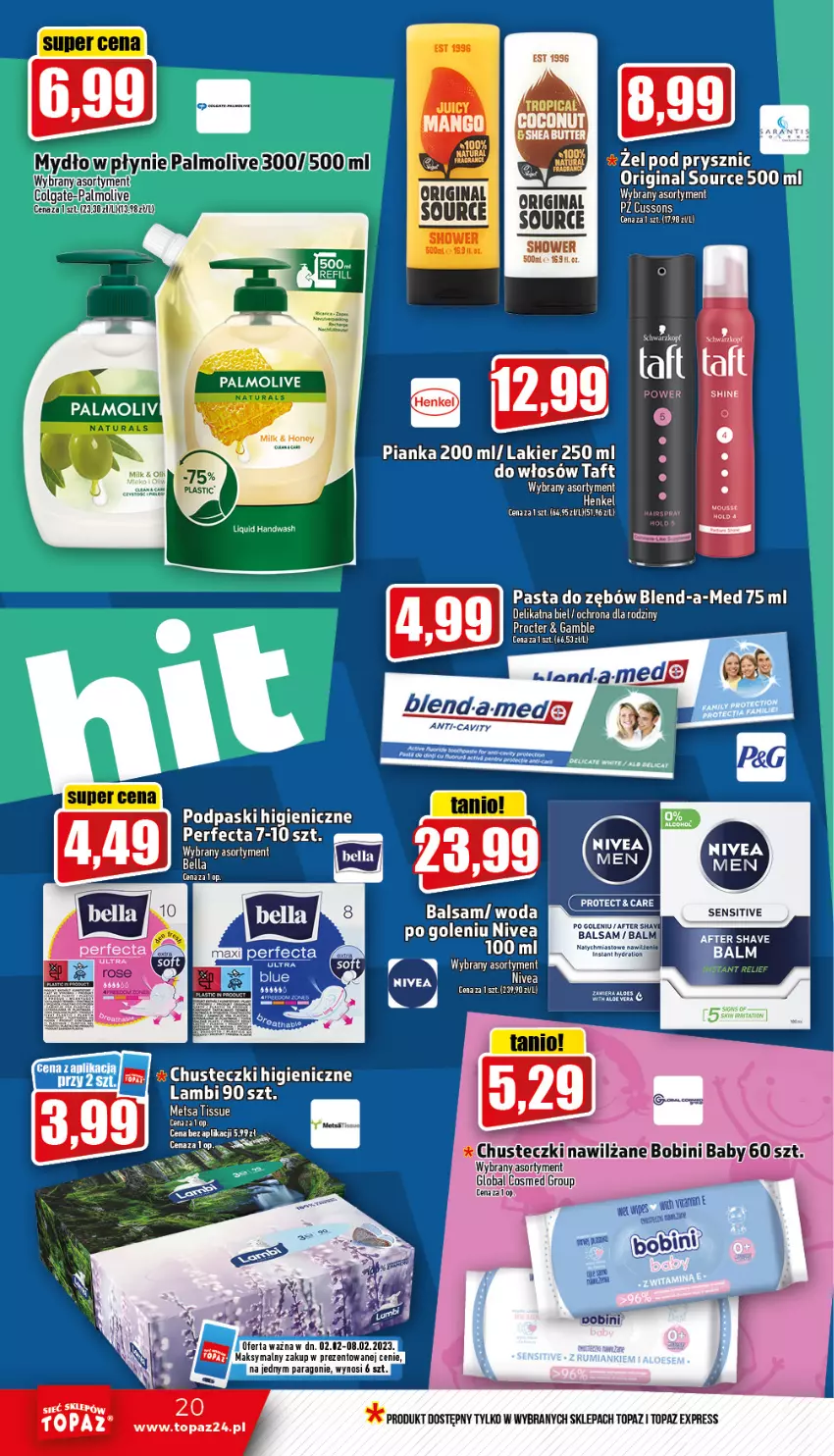 Gazetka promocyjna Topaz - Gazetka - ważna 02.02 do 08.02.2023 - strona 20 - produkty: Bell, Bella, Blend-a-Med, Colgate, Gin, Lakier, LG, Mango, Mydło, Nivea, Palmolive, Pasta do zębów, Perfecta, Podpaski, Taft, Top, Woda