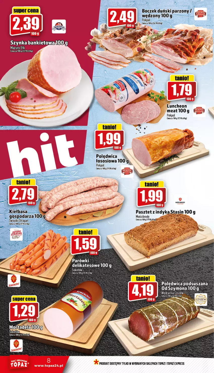 Gazetka promocyjna Topaz - Gazetka - ważna 02.02 do 08.02.2023 - strona 8 - produkty: Boczek, Pasztet, Pekpol, Polędwica, Sok, Sokołów, Sos, Top