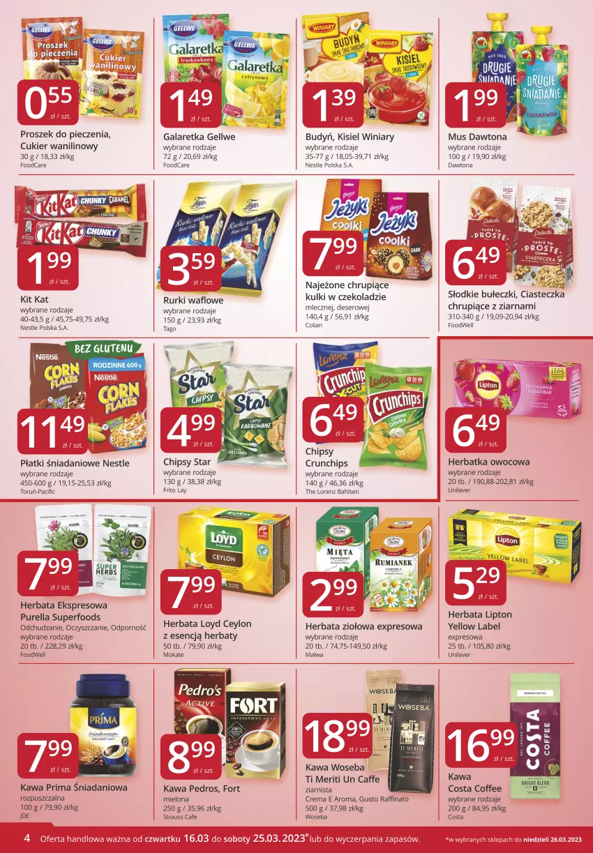 Gazetka promocyjna Market Vita - Gazetka – Marketvita - ważna 16.03 do 25.03.2023 - strona 4 - produkty: Budyń, Chipsy, Cif, Crunchips, Cukier, Cukier wanilinowy, Danio, Dawtona, Deser, Gala, Galaretka, Herbata, Kawa, Kisiel, Kit Kat, Lipton, Lorenz, Loyd, Mus, Piec, Por, Prima, Proszek do pieczenia, Pur, Purella superfoods, Rum, Rurki, Ser, Tago, Winiary, Woseba