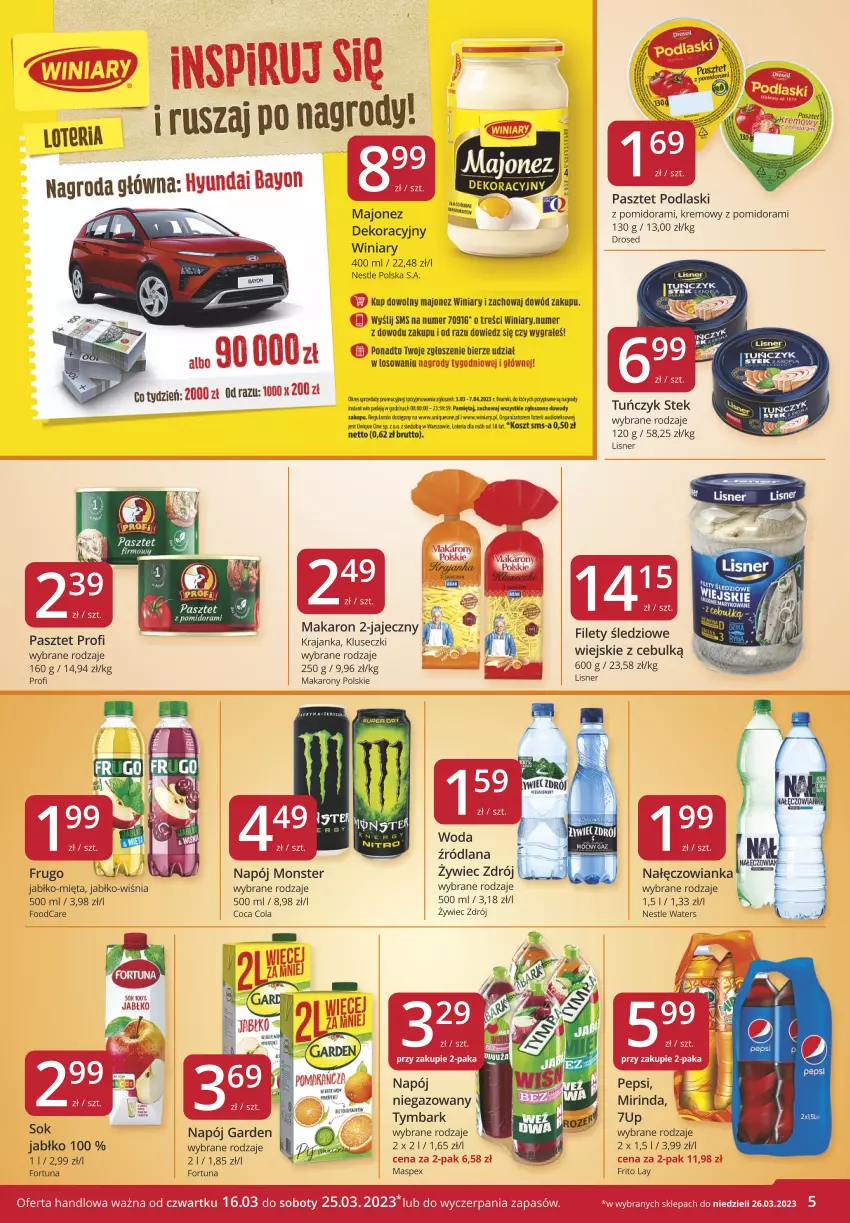 Gazetka promocyjna Market Vita - Gazetka – Marketvita - ważna 16.03 do 25.03.2023 - strona 5 - produkty: 7up, Fa, Fortuna, Gra, Kosz, LANA, Lisner, Majonez, Makaron, Mięta, Mirinda, Nałęczowianka, Napój, Pasztet, Pepsi, Pizza, Podlaski, Sok, Stek, Tuńczyk, Tymbark, Winiary, Woda