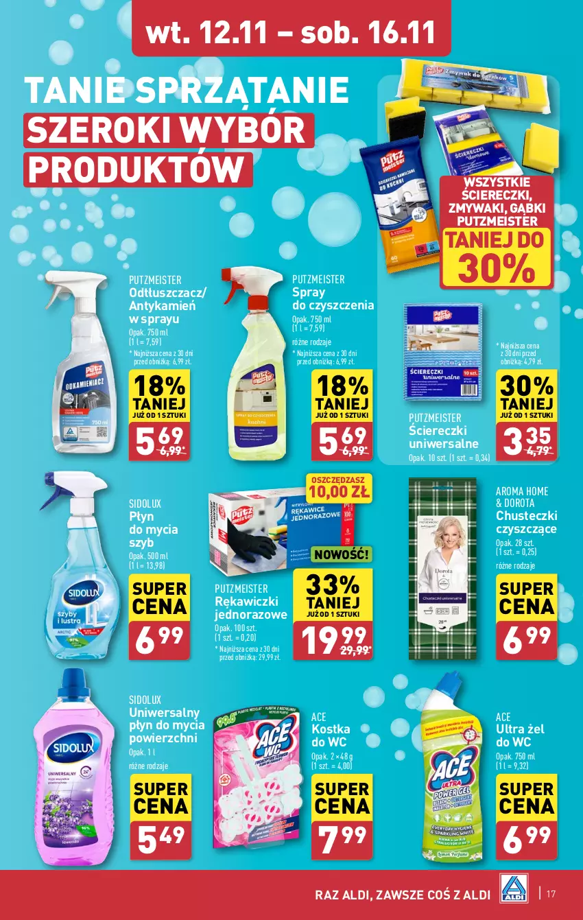 Gazetka promocyjna Aldi - Pełna oferta - ważna 12.11 do 16.11.2024 - strona 17 - produkty: Chusteczki, Kostka do wc, Odtłuszczacz, Płyn do mycia, Putzmeister, Sidolux, Spray do czyszczenia, Sprzątanie