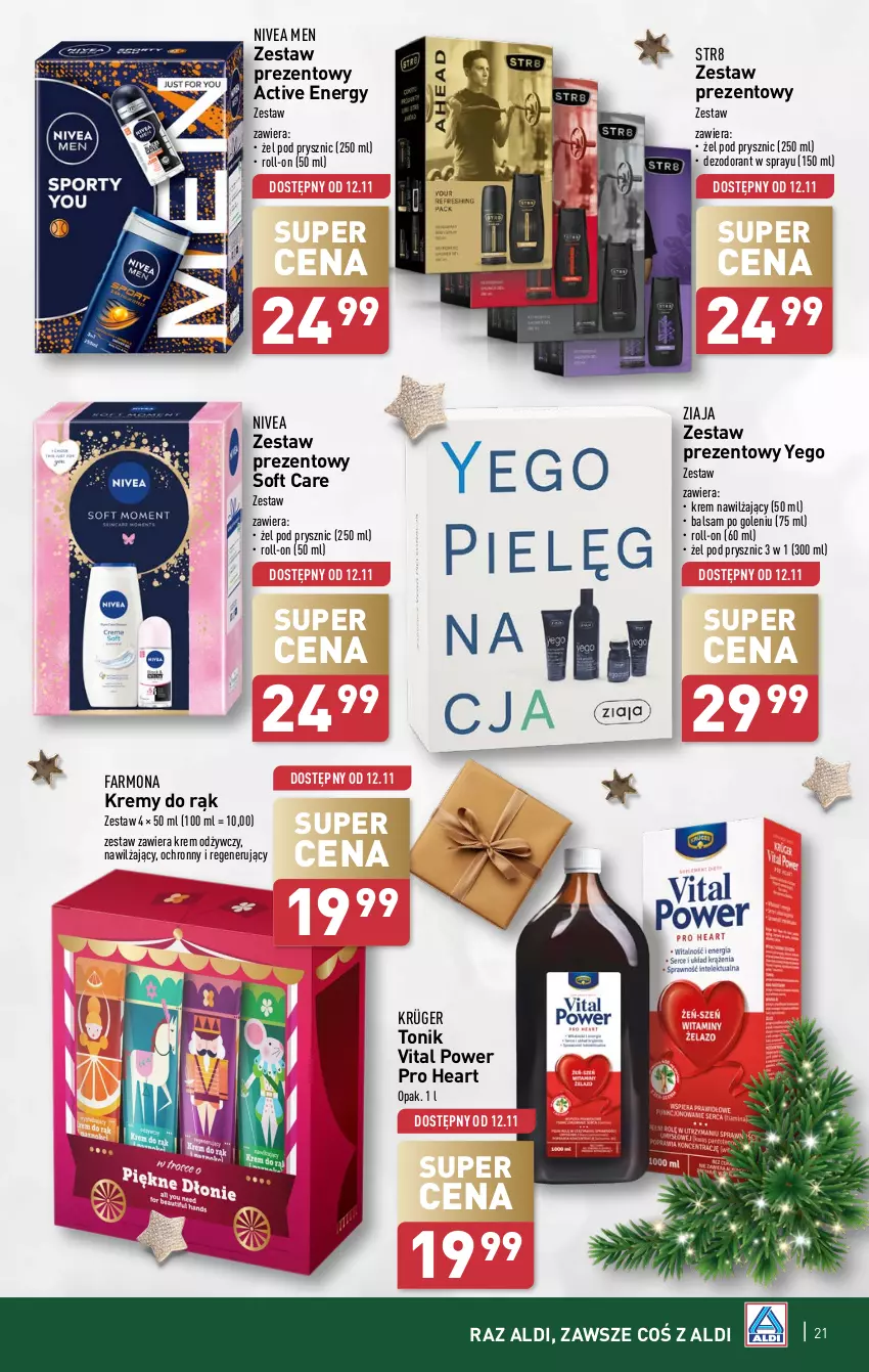 Gazetka promocyjna Aldi - Pełna oferta - ważna 12.11 do 16.11.2024 - strona 21 - produkty: Balsam po goleniu, Dezodorant, Fa, Krem nawilżający, Krem odżywczy, Nivea, Nivea Men, Str8, Tonik, Zestaw prezentowy, Ziaja