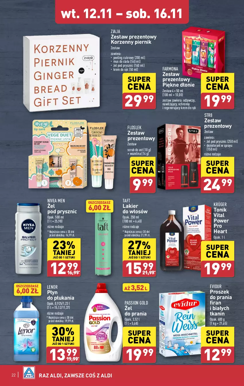 Gazetka promocyjna Aldi - Pełna oferta - ważna 12.11 do 16.11.2024 - strona 22 - produkty: Dezodorant, Fa, Krem do rąk, Lakier, Lakier do włosów, Lenor, Mus, Nivea, Nivea Men, Peeling, Piernik, Płyn do płukania, Proszek do prania, Str8, Taft, Tonik, Zestaw prezentowy, Ziaja