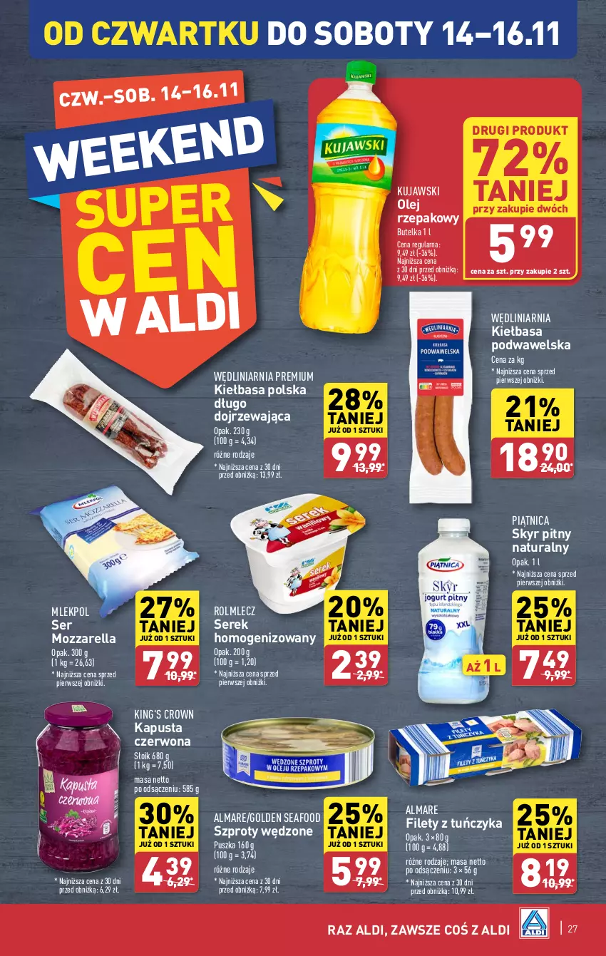 Gazetka promocyjna Aldi - Pełna oferta - ważna 12.11 do 16.11.2024 - strona 27 - produkty: Golden Seafood, Kiełbasa, Kiełbasa podwawelska, Kujawski, Mozzarella, Olej, Piątnica, Rolmlecz, Ser, Serek, Serek homogenizowany, Szprot, Tuńczyk, Wawel