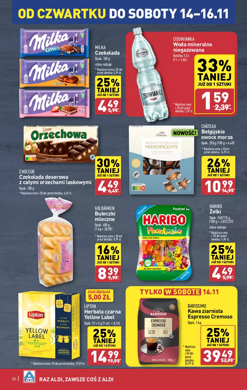 Gazetka promocyjna Aldi - Pełna oferta - ważna 12.11 do 16.11.2024 - strona 28 - produkty: Bułeczki, Bułeczki mleczne, Cisowianka, Czekolada, Deser, Haribo, Herbata, Herbata czarna, Kawa, Kawa ziarnista, LG, Lipton, Milka, Owoce, Owoce morza, Ser, Woda, Woda mineralna