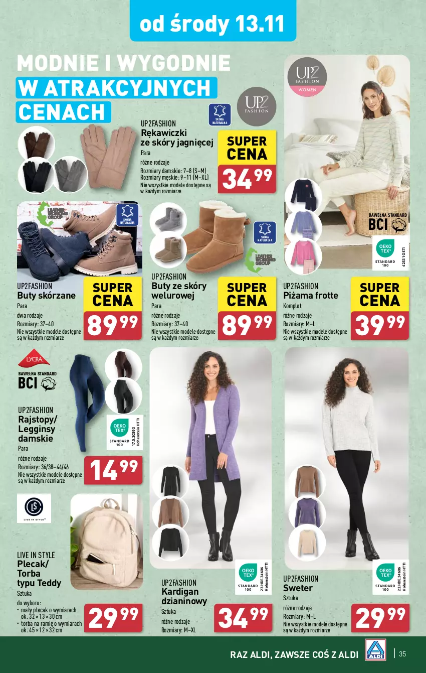 Gazetka promocyjna Aldi - Pełna oferta - ważna 12.11 do 16.11.2024 - strona 35 - produkty: Buty, Fa, Gin, Kardigan, Legginsy, Piżama, Plecak, Rajstopy, Sweter, Top, Torba