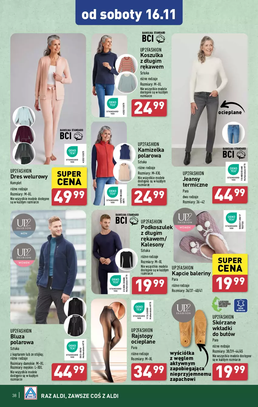 Gazetka promocyjna Aldi - Pełna oferta - ważna 12.11 do 16.11.2024 - strona 38 - produkty: Baleriny, Bluza, Bluza polarowa, Dres, Fa, Kalesony, Kamizelka, Kapcie, Kosz, Koszulka, Podkoszulek, Rajstopy, Sony, Top, Wkładki