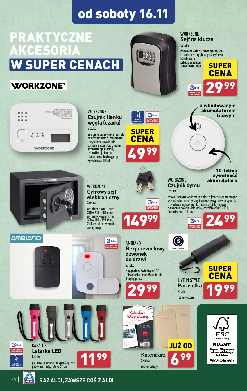 Gazetka promocyjna Aldi - Pełna oferta - ważna 12.11 do 16.11.2024 - strona 40 - produkty: Akumulator, Bateria, Drzwi, Dzwonek, Kalendarz, Latarka, Latarka LED, Parasol, Pasek, Piec, Sejf, Silan, Stek, Tarka