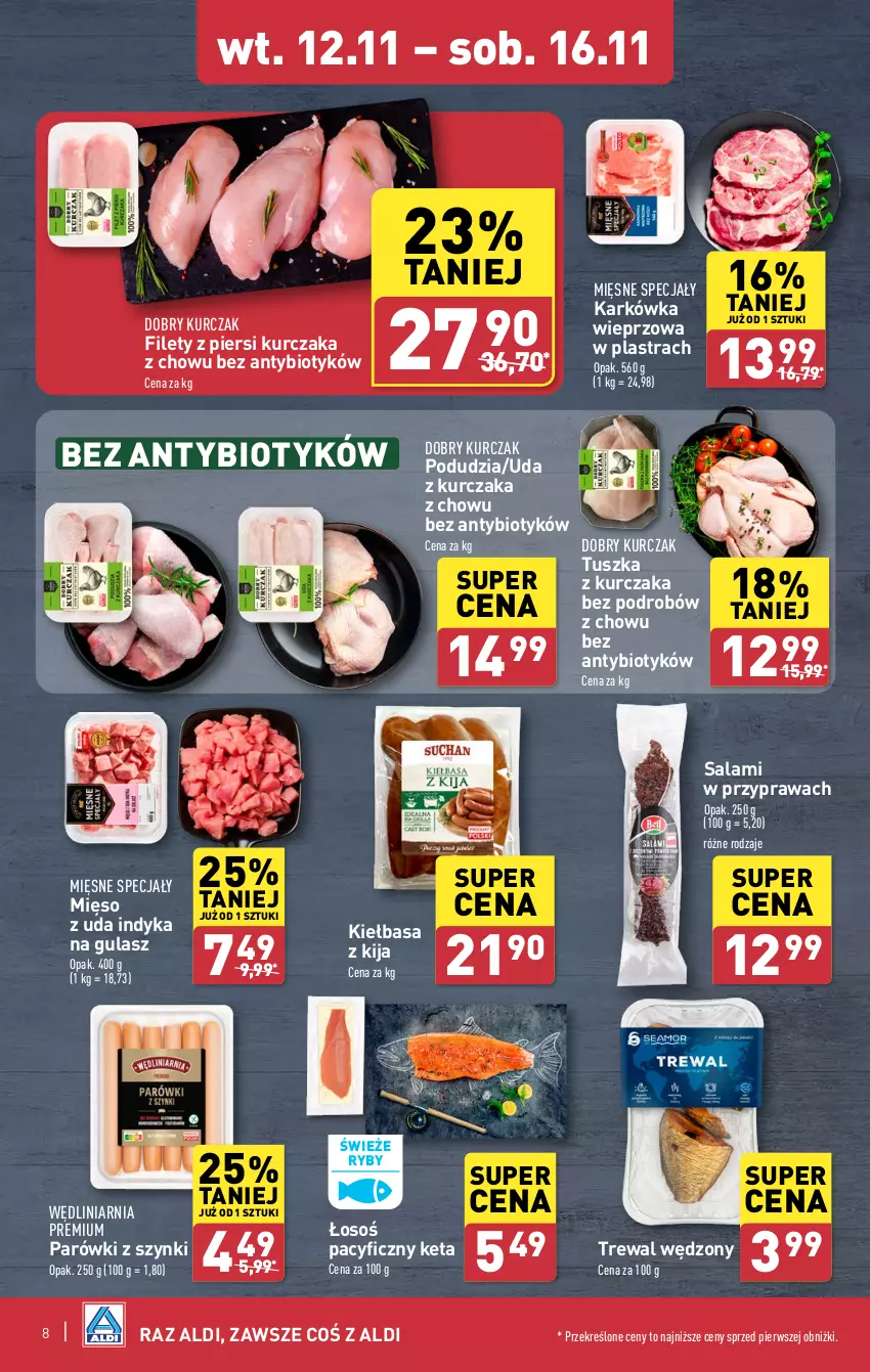 Gazetka promocyjna Aldi - Pełna oferta - ważna 12.11 do 16.11.2024 - strona 8 - produkty: Karkówka wieprzowa, Kiełbasa, Kurczak, Mięsne specjały, Mięso, Parówki, Parówki z szynki, Salami, Tusz