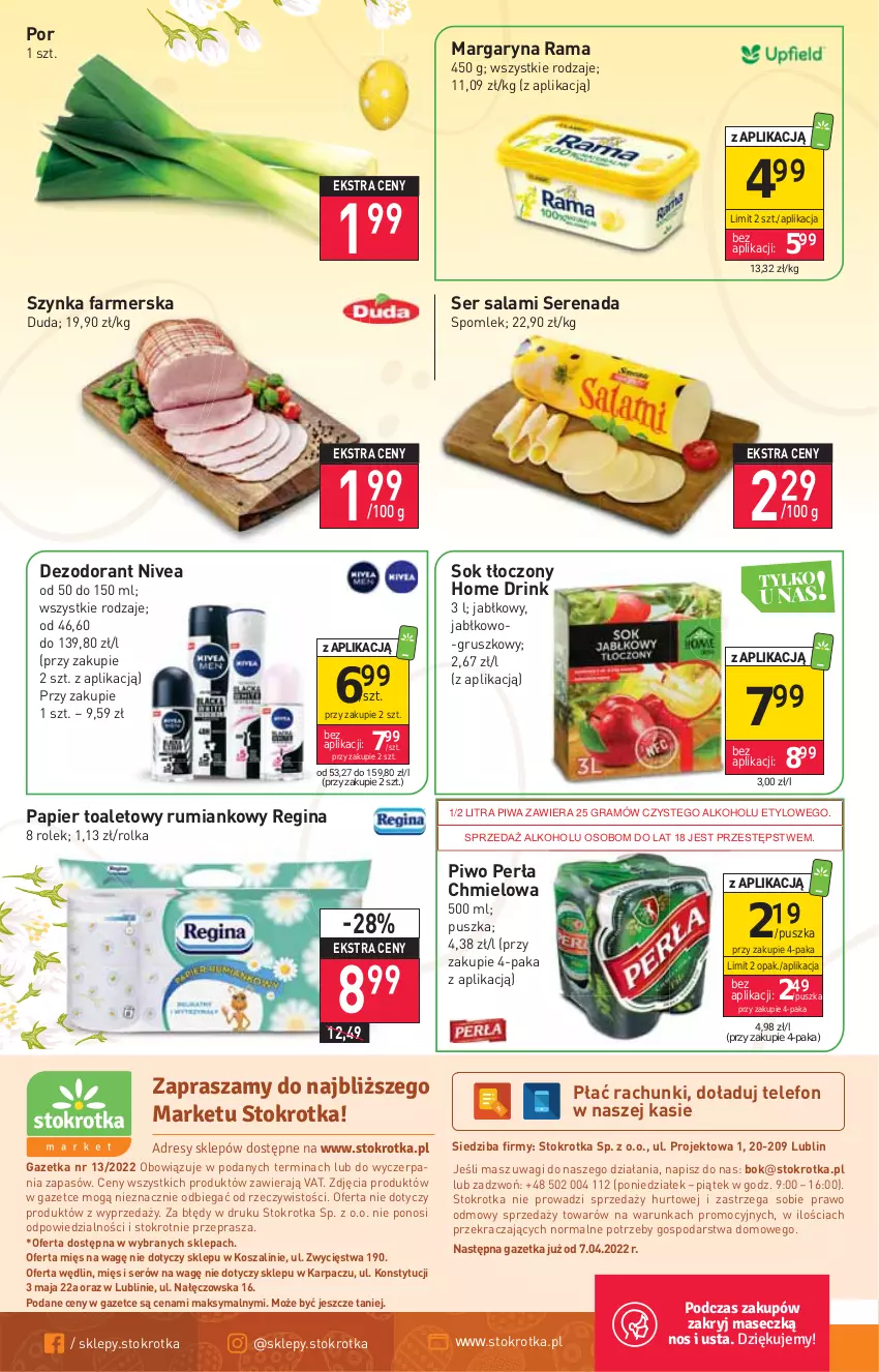 Gazetka promocyjna Stokrotka - Market - ważna 31.03 do 06.04.2022 - strona 12 - produkty: Dezodorant, Duda, Fa, Gin, Gra, Karp, Kosz, Margaryna, Nivea, O nas, Papier, Papier toaletowy, Perła, Piwa, Piwo, Por, Rama, Rum, Salami, Ser, Ser salami, Sok, Szal, Szynka, Szynka farmerska, Telefon, Wagi