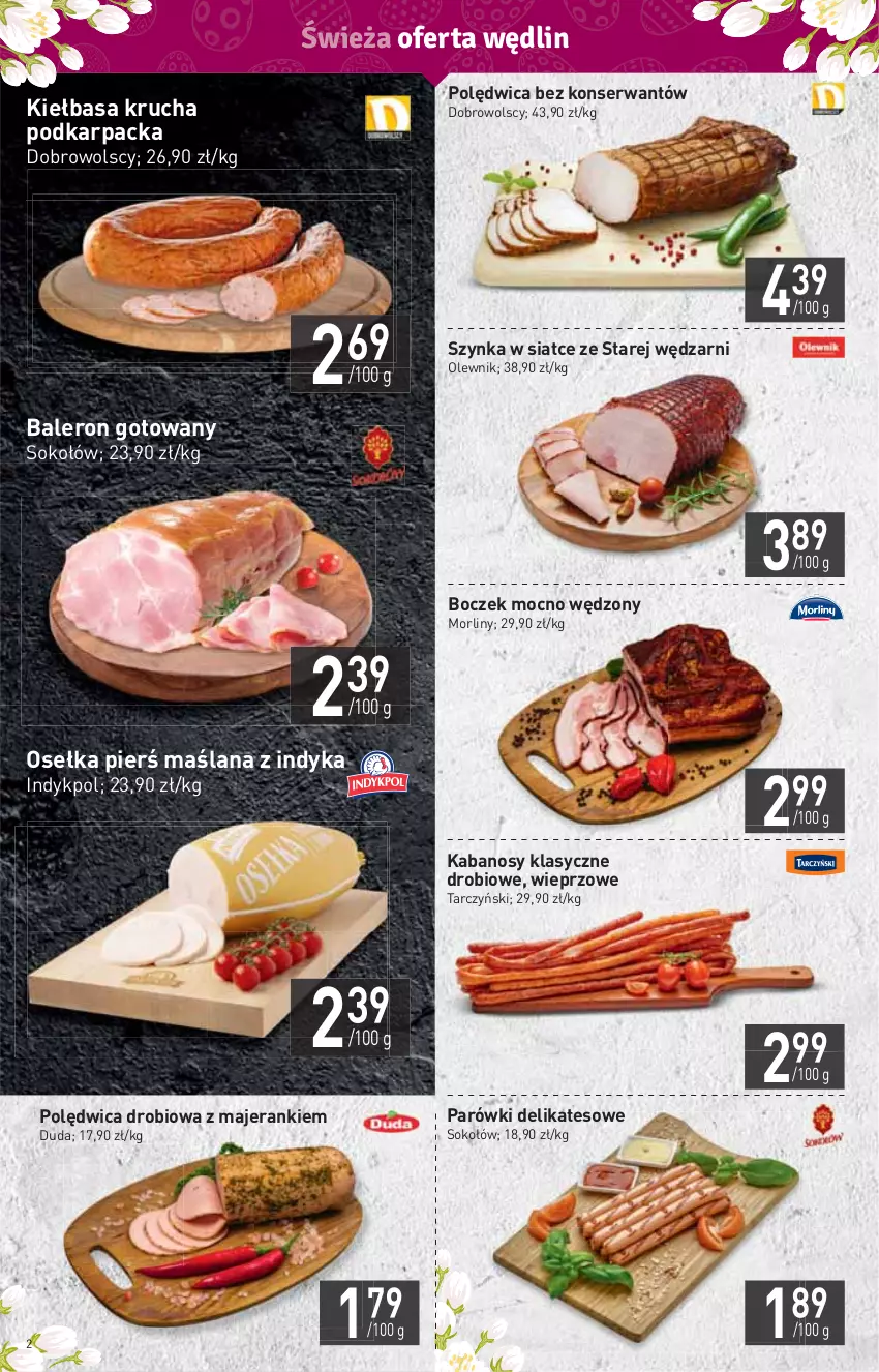 Gazetka promocyjna Stokrotka - Market - ważna 31.03 do 06.04.2022 - strona 2 - produkty: Boczek, Duda, HP, Kabanos, Karp, Kiełbasa, Kiełbasa krucha, LANA, Morliny, Olewnik, Parówki, Polędwica, Ser, Sok, Sokołów, Szynka, Tarczyński