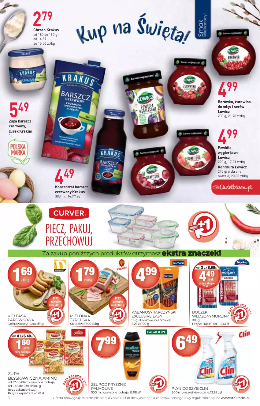 Gazetka promocyjna Stokrotka - Market - ważna 31.03 do 06.04.2022 - strona 8 - produkty: Boczek, Borówka, Chrzan, Clin, Kabanos, Kiełbasa, Konfitura, Krakus, Mielonka tyrolska, Morliny, Palmolive, Płyn do szyb, Ser, Sok, Sokołów, Tarczyński, Zupa