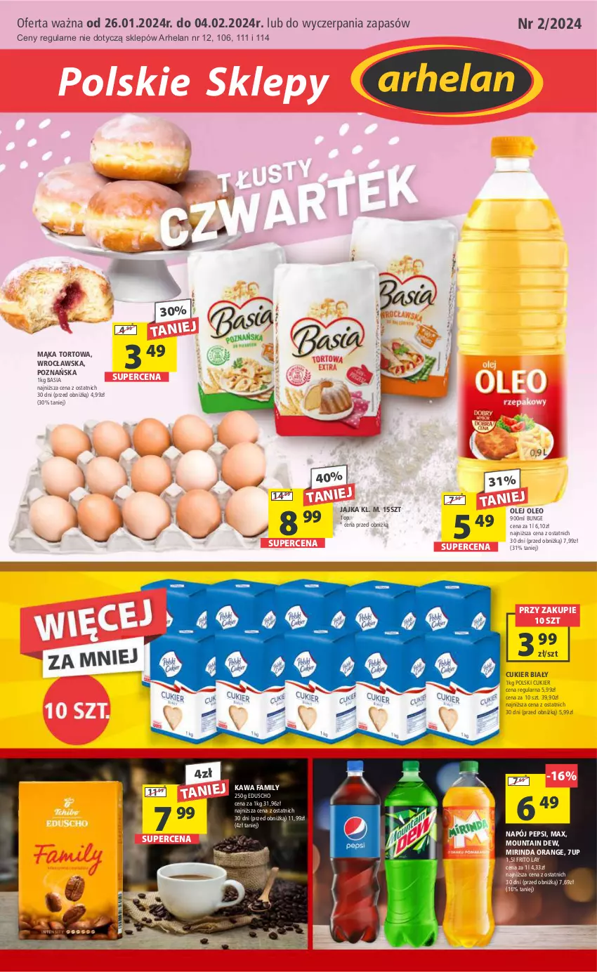 Gazetka promocyjna Arhelan - Gazetka - ważna 26.01 do 04.02.2024 - strona 1 - produkty: 7up, Basia, Cukier, Fa, Kawa, Mąka, Mąka tortowa, Mirinda, Napój, Olej, Oleo, Pepsi