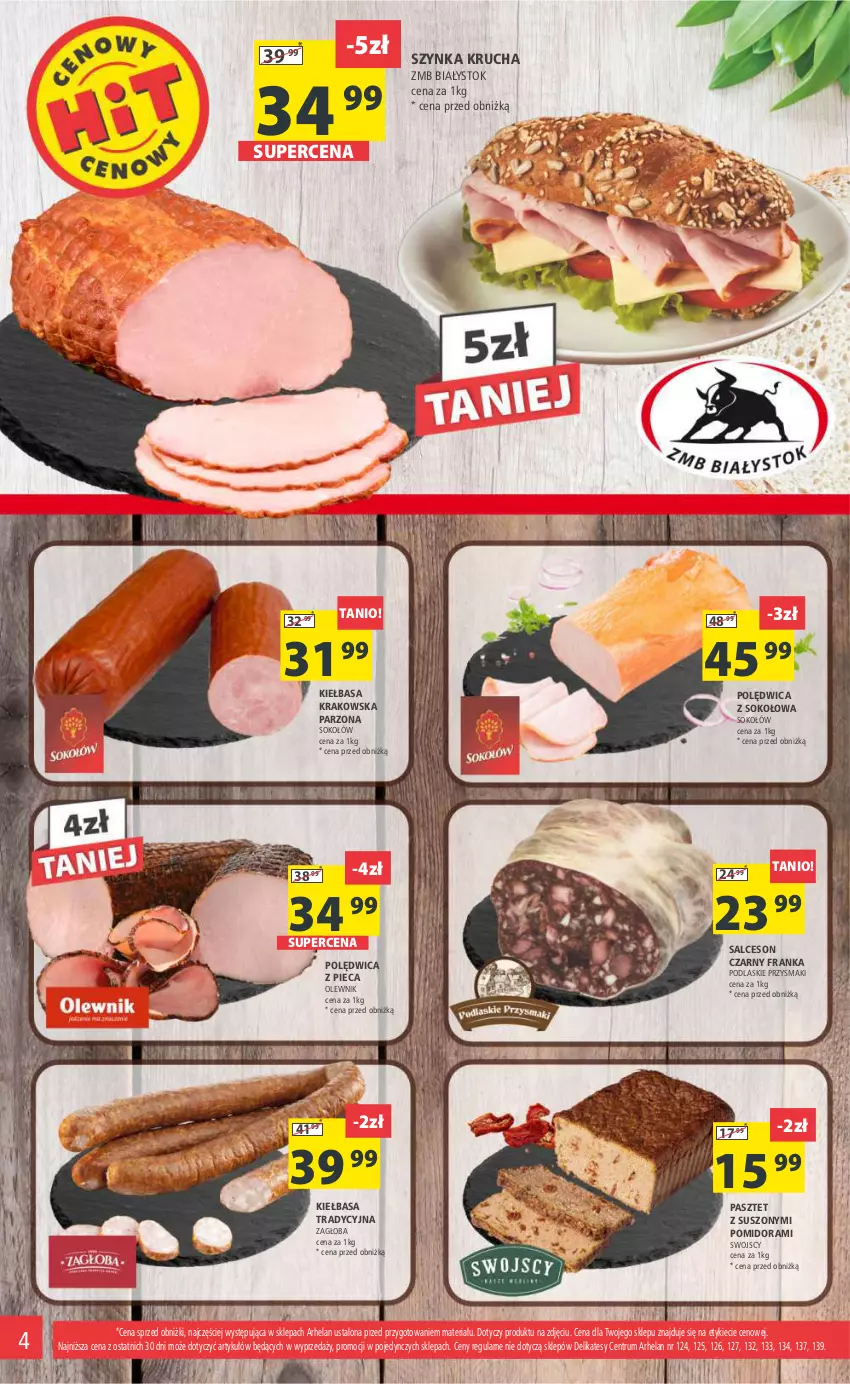 Gazetka promocyjna Arhelan - Gazetka - ważna 26.01 do 04.02.2024 - strona 4 - produkty: Kiełbasa, Kiełbasa krakowska, Olewnik, Pasztet, Piec, Podlaski, Polędwica, Przysmaki, Rum, Salceson, Sok, Sokołów, Szynka