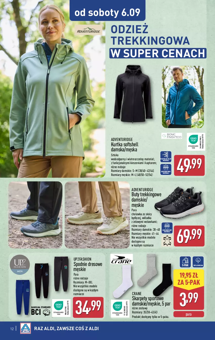 Gazetka promocyjna Aldi - Artykuły przemysłowe i tekstylia - ważna 03.09 do 06.09.2025 - strona 12 - produkty: Buty, Dres, Fa, Karp, Kurtka, Kurtka softshell, Por, Spodnie, Spodnie dresowe, Sport, Wełna