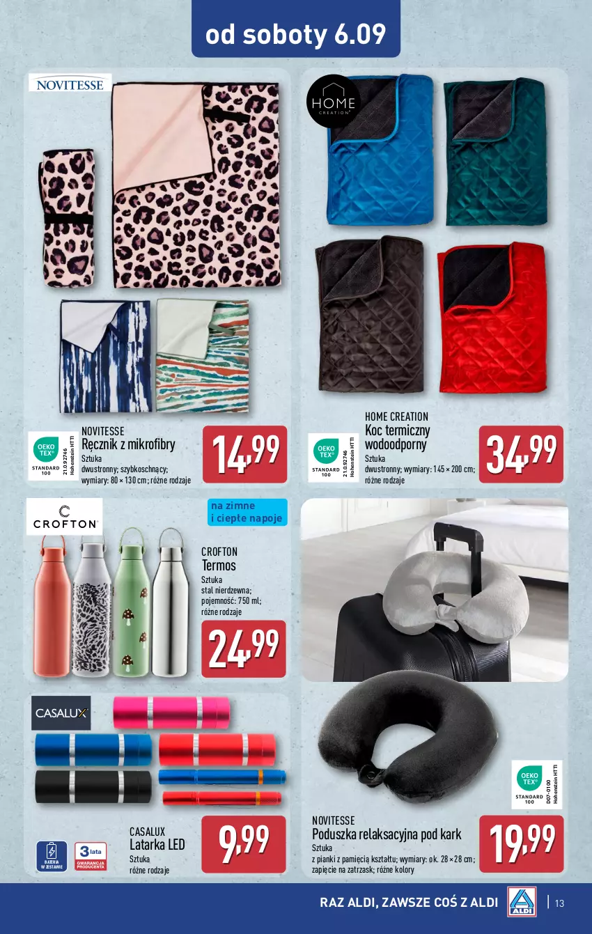 Gazetka promocyjna Aldi - Artykuły przemysłowe i tekstylia - ważna 03.09 do 06.09.2025 - strona 13 - produkty: Bateria, Koc, Latarka, Latarka LED, Napoje, Poduszka, Por, Ręcznik, Tarka, Termos