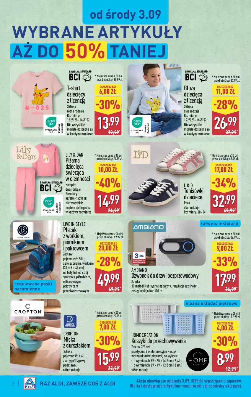 Gazetka promocyjna Aldi - Artykuły przemysłowe i tekstylia - ważna 03.09 do 06.09.2025 - strona 2 - produkty: Bluza, Buty, Drzwi, Durszlak, Dzieci, Dzwonek, Kosz, Miska, Piórnik, Piżama, Plecak, Por, Sport, T-shirt, Tenisówki