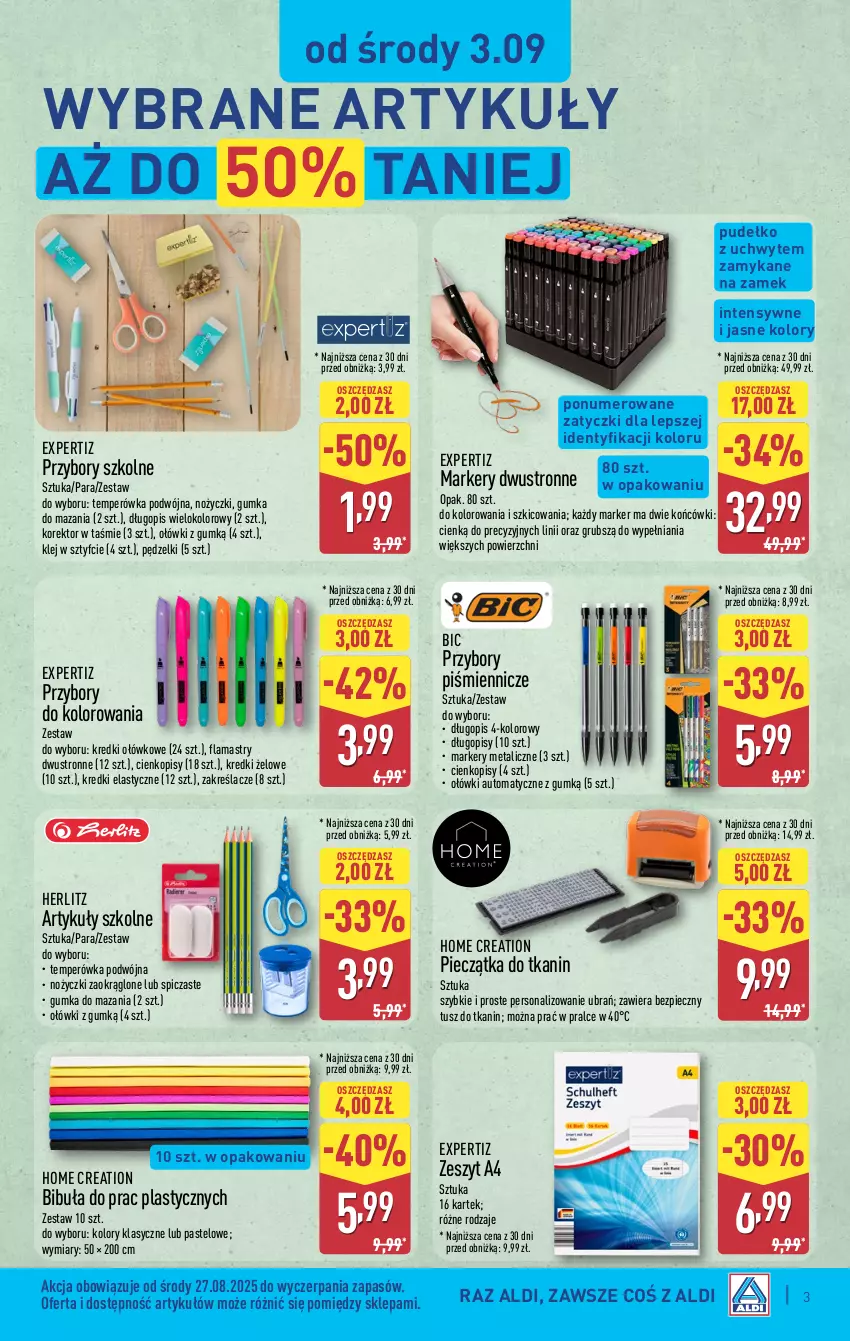 Gazetka promocyjna Aldi - Artykuły przemysłowe i tekstylia - ważna 03.09 do 06.09.2025 - strona 3 - produkty: BIC, Długopis, Flamastry, Klej, Marker, Noż, Nożyczki, Piec, Pieczątka, Pudełko, Tusz