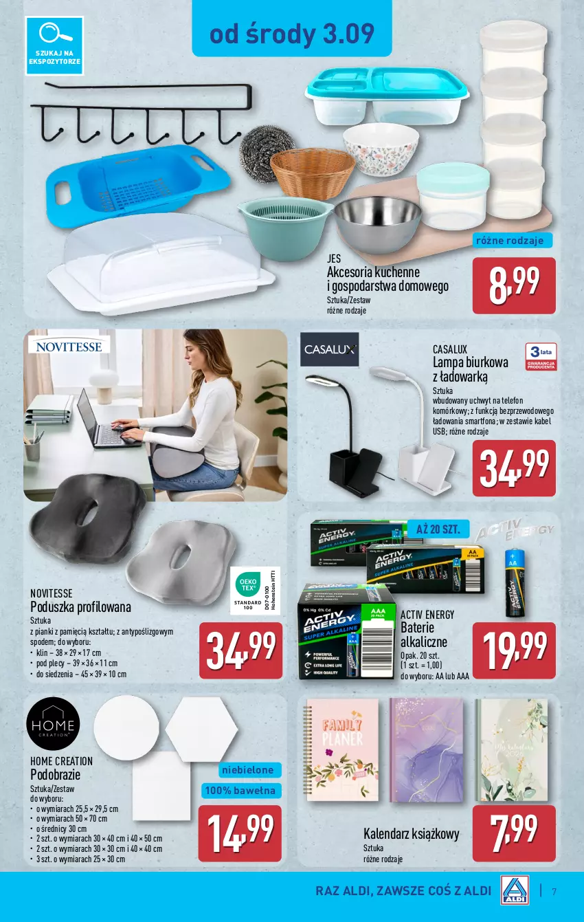 Gazetka promocyjna Aldi - Artykuły przemysłowe i tekstylia - ważna 03.09 do 06.09.2025 - strona 7 - produkty: Baterie alkaliczne, Biurko, Kabel USB, Kalendarz, Lampa, Lampa biurkowa, Obraz, Poduszka, Smartfon, Telefon, Wełna