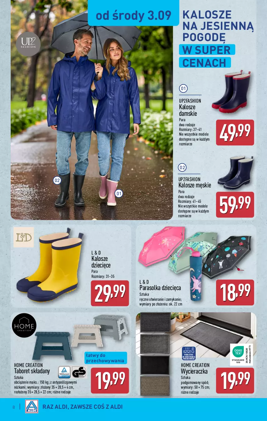 Gazetka promocyjna Aldi - Artykuły przemysłowe i tekstylia - ważna 03.09 do 06.09.2025 - strona 8 - produkty: Dzieci, Fa, Parasol, Taboret, Taboret składany, Wycieraczka