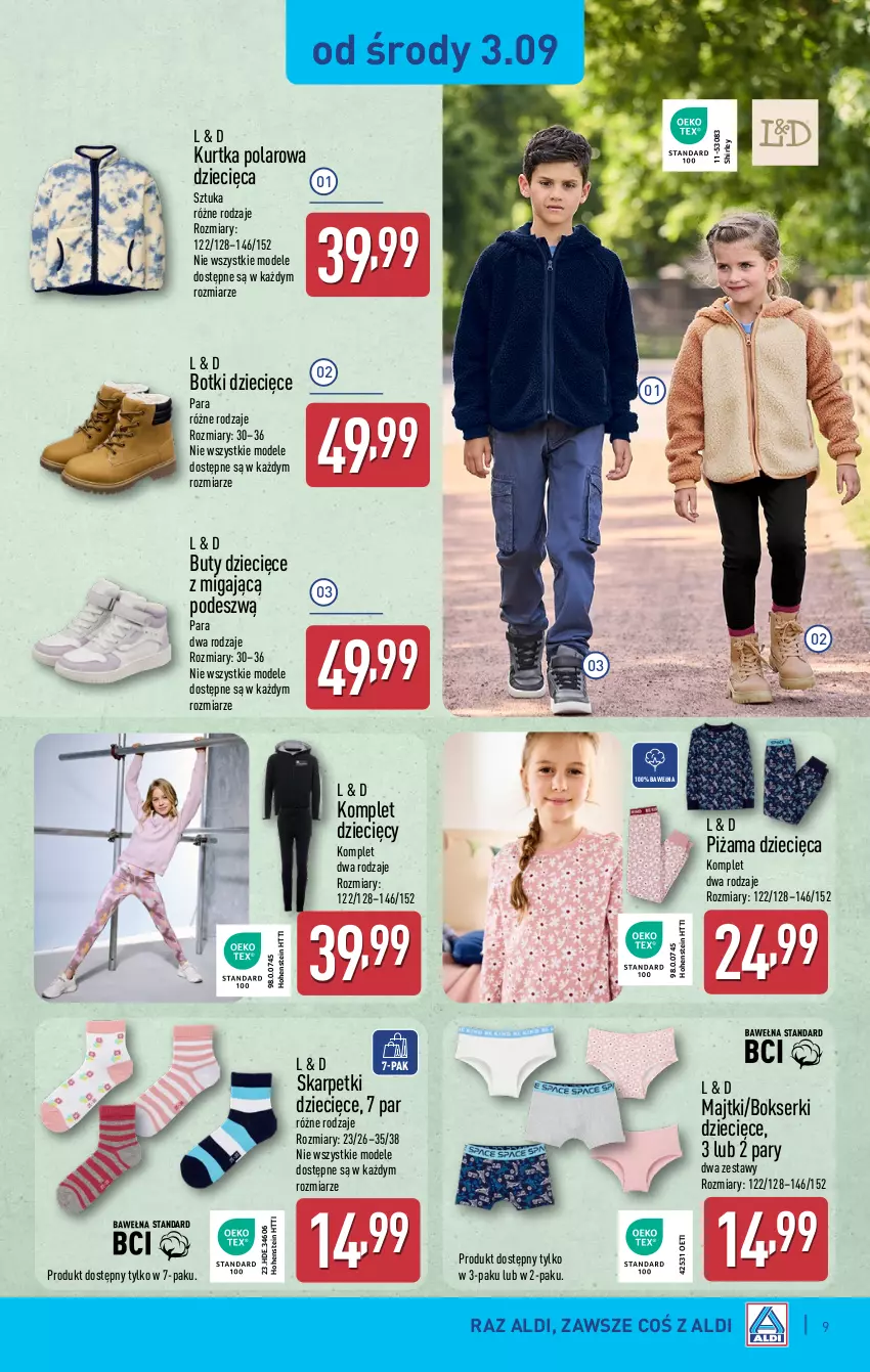 Gazetka promocyjna Aldi - Artykuły przemysłowe i tekstylia - ważna 03.09 do 06.09.2025 - strona 9 - produkty: Bokserki, Botki, Buty, Dzieci, Karp, Kurtka, Majtki, Piżama, Ser, Skarpetki, Wełna